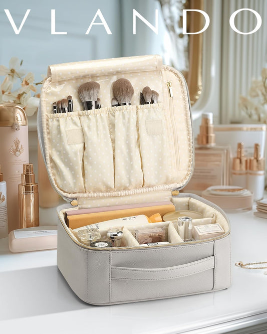 Travel Makeup Cosmetic Case Organizer Portable Storage Bag with Adjustable Dividers for Cosmetics Makeup Brushes, Girls, Women, Friends.(Gray)