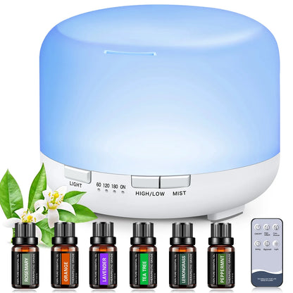 500Ml Essential Oil Diffuser with 6*10Ml Essential Oils Set, Flower Aromatherapy Diffusers with Remote Control, Oil Air Humidifier Vaporizer for Large Room Bedroom Office