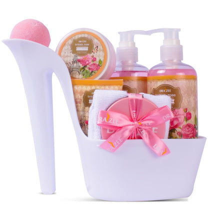 Mother’S Day Gift Baskets for Women, 8 Pc British Rose Spa Gift Set, Heel Shoe Bath Basket, Luxury Self Care Kit for Mom, Relaxing Bath and Body Set, Home Spa Gifts for Her by